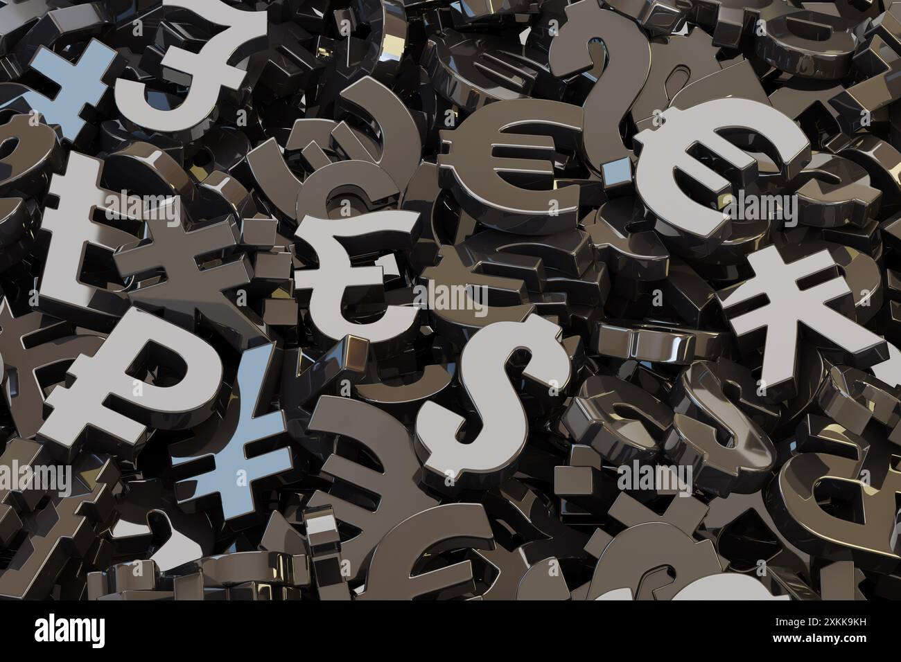 Simboli neri delle valute mondiali in tre dimensioni. illustrazione 3d. Foto Stock