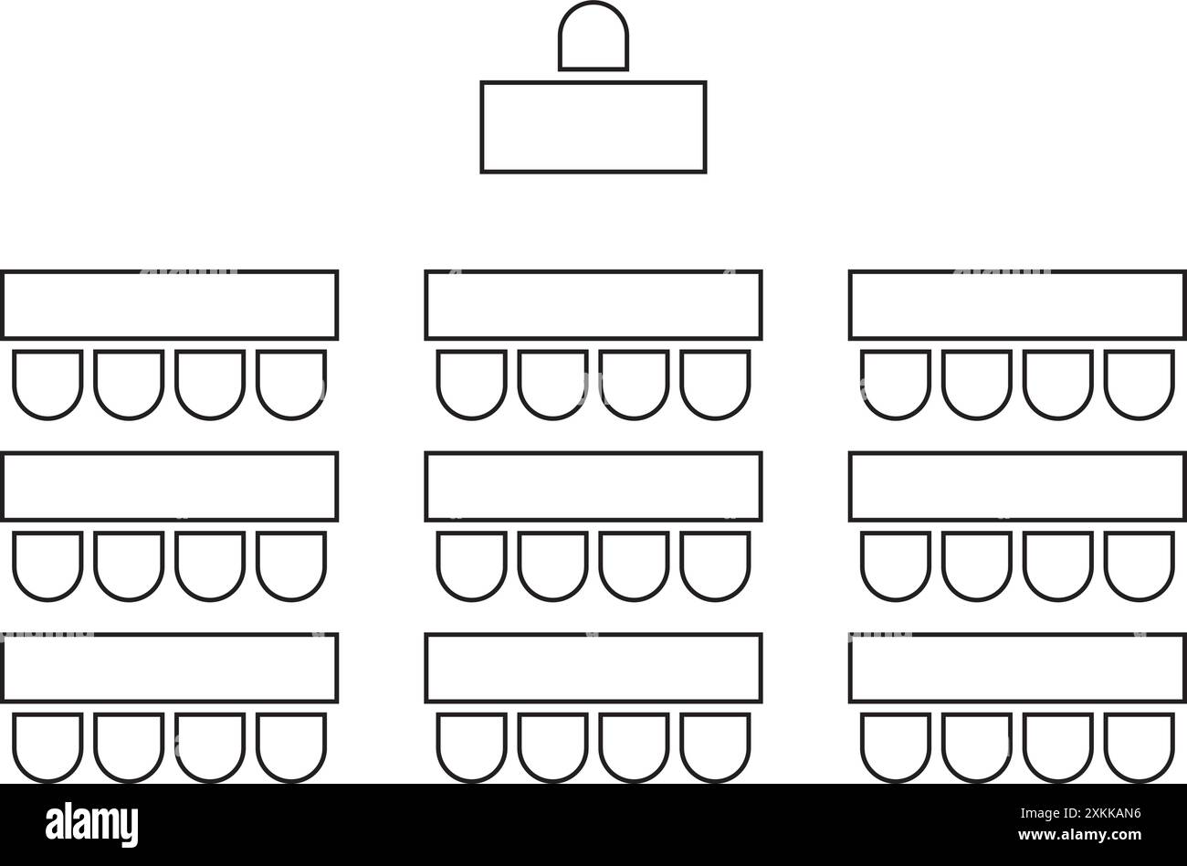 Disposizione dei posti a sedere dell'Auditorium. Disposizione dei posti ad aula. Schema dei mobili nel lectorium, riunioni o conferenze, corsi di formazione o seminari Illustrazione Vettoriale