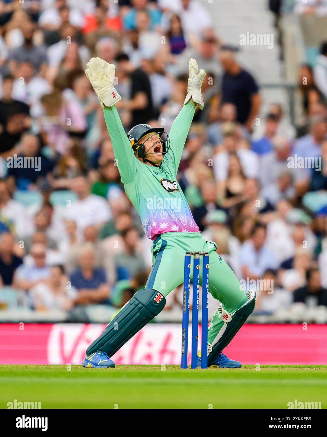 LONDRA, REGNO UNITO. 23 luglio, 24. Sam Billings di Oval Invincibles (Capt.) ha reagito durante i cento - ovali Invincibles vs Birmingham Phoenix al Kia Oval Cricket Ground martedì 23 luglio 2024 a LONDRA IN INGHILTERRA. Crediti: Taka Wu/Alamy Live News Foto Stock