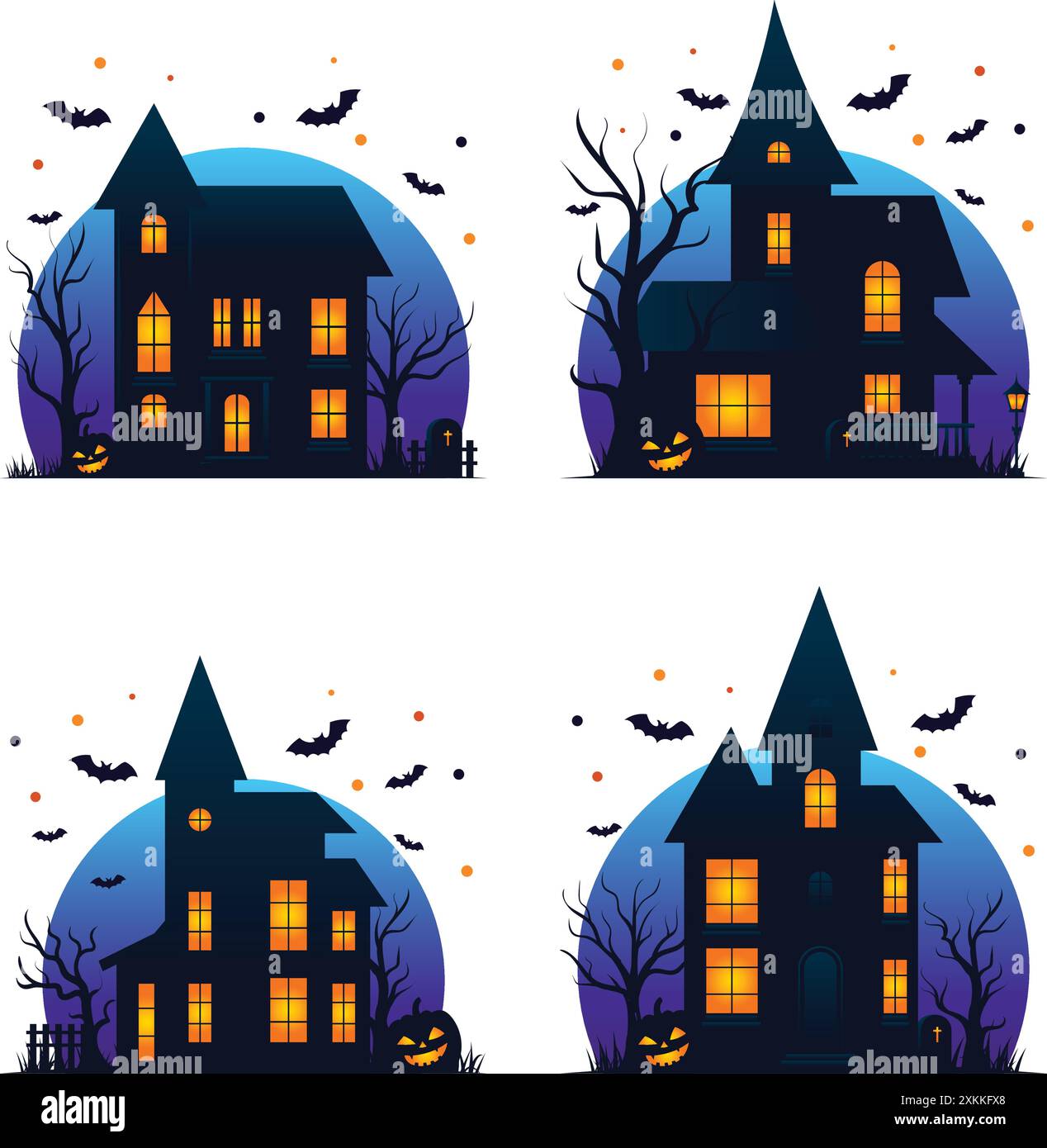 Casa infestata di notte, cartello o distintivo di Halloween con pietre tombali, pipistrelli volanti, alberi e zucche spaventose Illustrazione Vettoriale