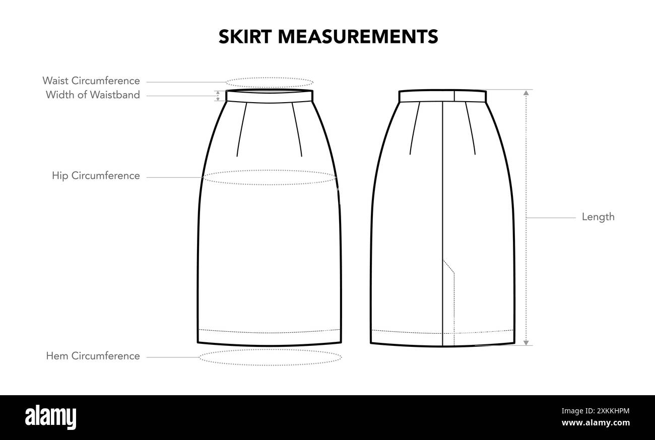 Set di diagrammi di misure della gonna con testo - lunghezza, stili circonferenza illustrazione tecnica di moda. Modello abbigliamento piatto, vista anteriore, posteriore. Donne, uomini unisex CAD mockup isolato su bianco Illustrazione Vettoriale