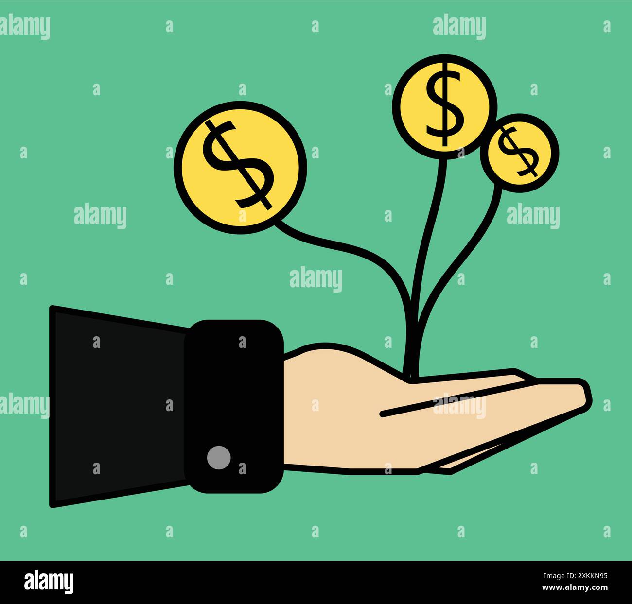 Uomo d'affari che ha un concetto di finanziamento di piante a soldi crescenti Illustrazione Vettoriale