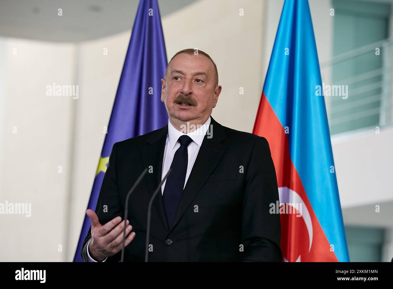 26.04.2024, Germania, Berlino, Berlino - il Presidente della Repubblica dell'Azerbaigian, Ilham Aliyev, in una conferenza stampa presso la Cancelleria. 00R240426D0 Foto Stock