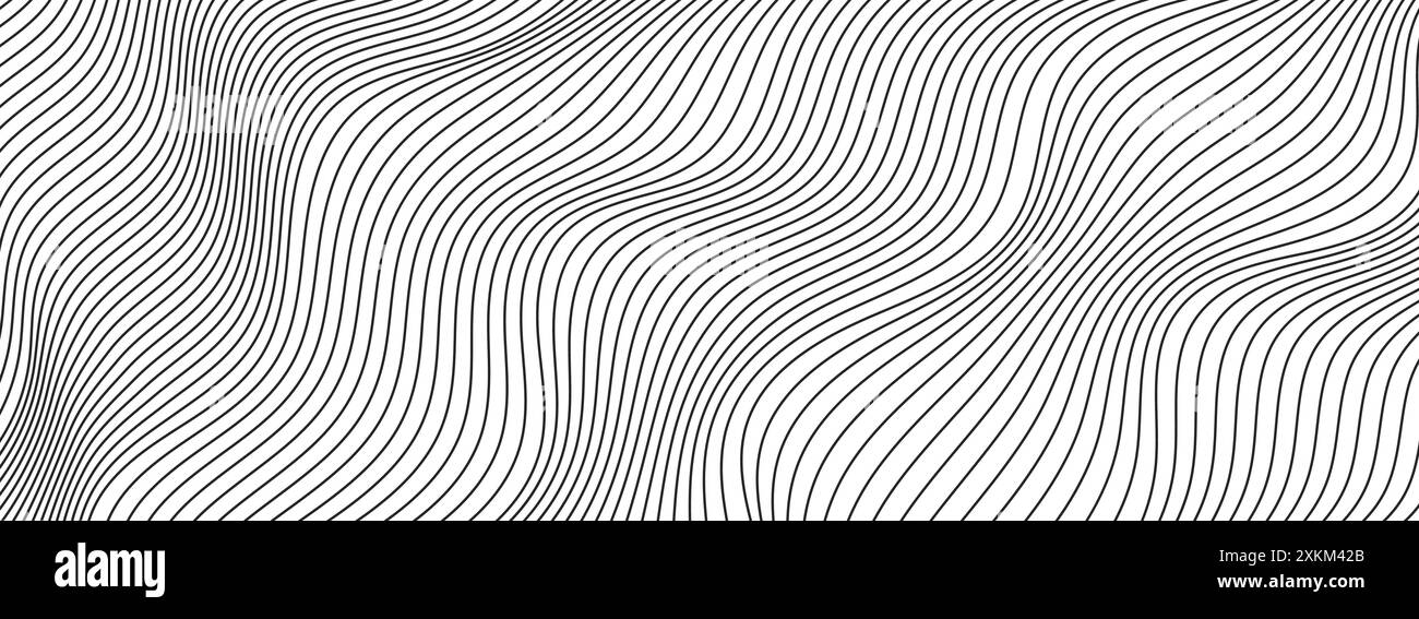 Linee ondulate sfondo astratto, sottili strisce nere ondulate con effetto ottico del movimento. Illustrazione Vettoriale