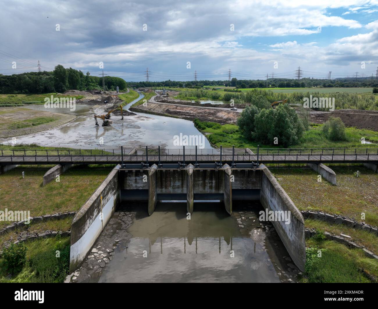 11.06.2024, Germania, Renania settentrionale-Vestfalia, Dortmund/Castrop-Rauxel - rinaturazione fluviale, rinaturazione dell'Emscher, bacino di ritenzione delle inondazioni HR Foto Stock