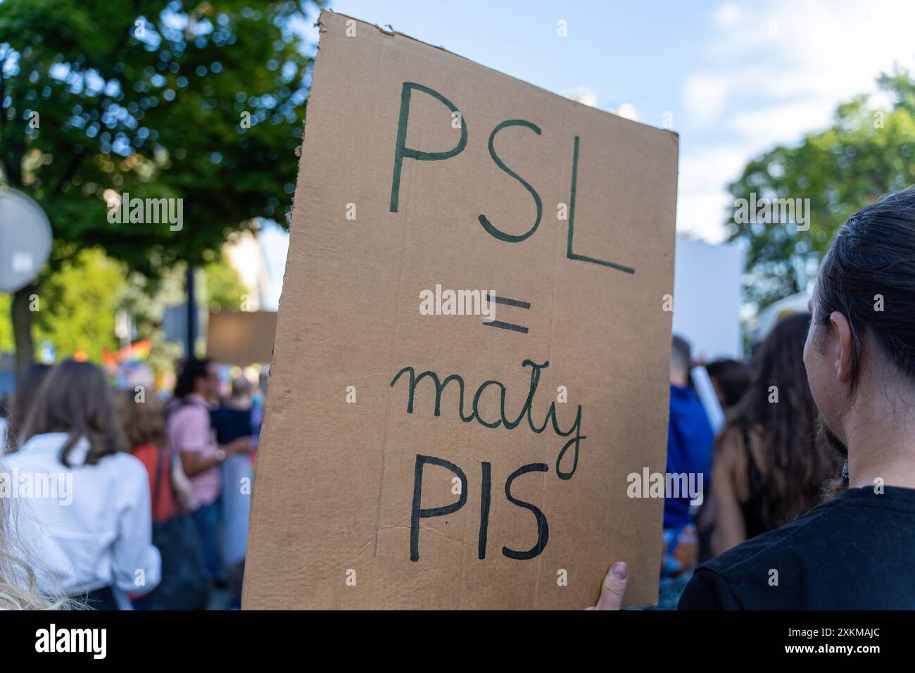 Un manifestante ha un cartello con la scritta "PSL = Small pis" durante una dimostrazione. Dopo le 18:00, sotto lo slogan 'aborto! Sì!”, una manifestazione dello sciopero nazionale delle donne (Ogolnopolski Strajk Kobiet) ha avuto luogo di fronte al Parlamento polacco. Questa fu una reazione al rifiuto del Sejm di un disegno di legge che depenalizzava l'aborto. Centinaia di persone hanno partecipato, chiedendo l'aborto legale e le dimissioni del vice primo ministro Wladyslaw Kosiniak-Kamysz. Si è verificata anche una controprotesta da parte di gruppi che si oppongono alla liberalizzazione dell'aborto. La protesta principale riguardava il rifiuto di un disegno di legge che consentiva l'aborto Foto Stock