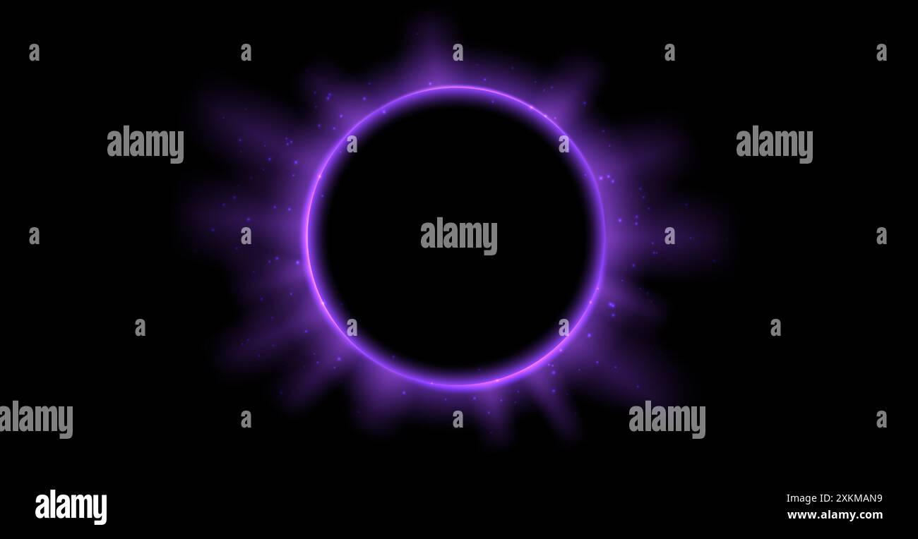 Concetto di eclissi planetaria viola. Raggi solari ed effetto riflesso. Corona solare luminosa nello spazio buio. Alone di terra con un bordo ardente. Design vettoriale per poster, striscioni, copertina, brochure, opuscolo Illustrazione Vettoriale