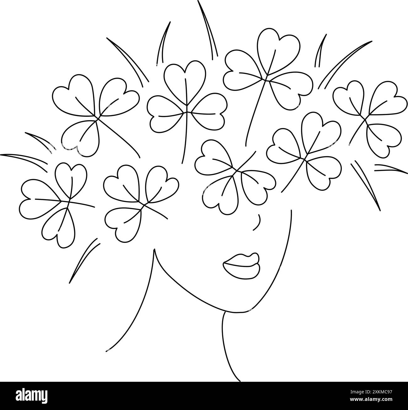 Ragazza con una corona di sassi sulla testa. St Patrick Greeting design concept. Line Art isolata su bianco. Schede, poster, banner, brochure o Web, illustrazione promozionale di vettore Illustrazione Vettoriale