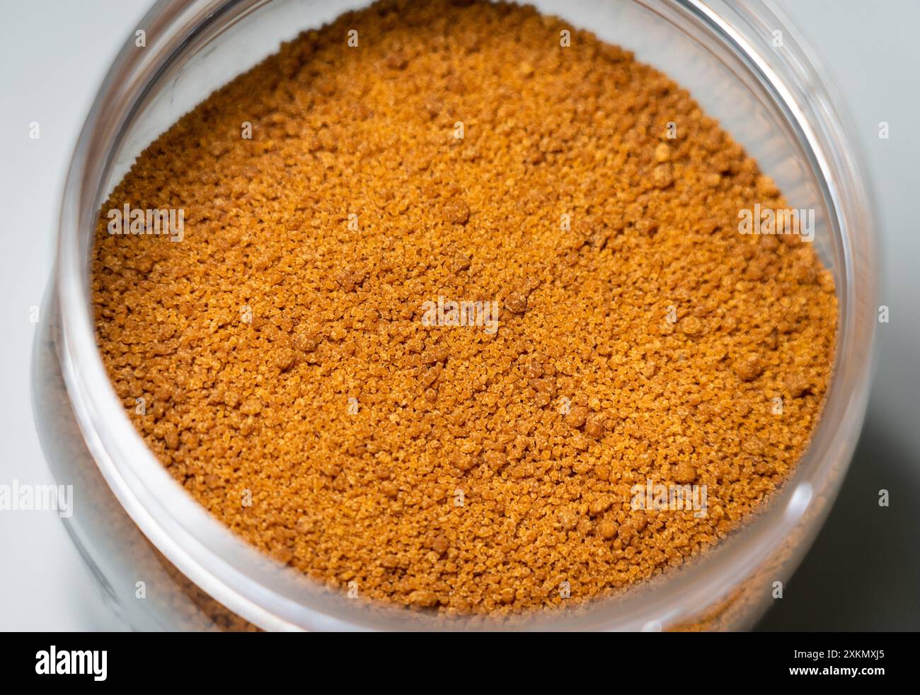 Primo piano dello zucchero di palma di cocco in un contenitore di plastica. Foto Stock