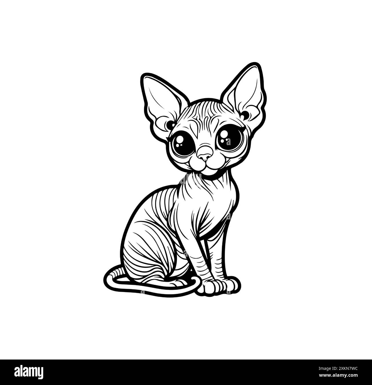 Adorabile gatto Sphynx con grandi occhi seduti, perfetto per libri per bambini, adesivi e poster. Stile decorativo e delineato, ideale per colorare le pagine e. Illustrazione Vettoriale