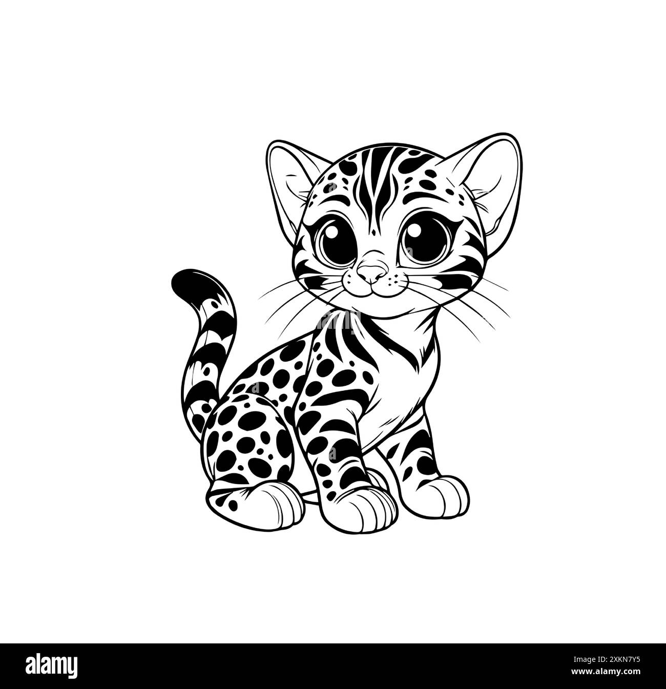 Gattino del Bengala con grandi occhi seduti. Carino personaggio cartoni animati felino con macchie simili a leopardi. Perfetto per colorare libri, stampe e design divertenti. Nero Illustrazione Vettoriale