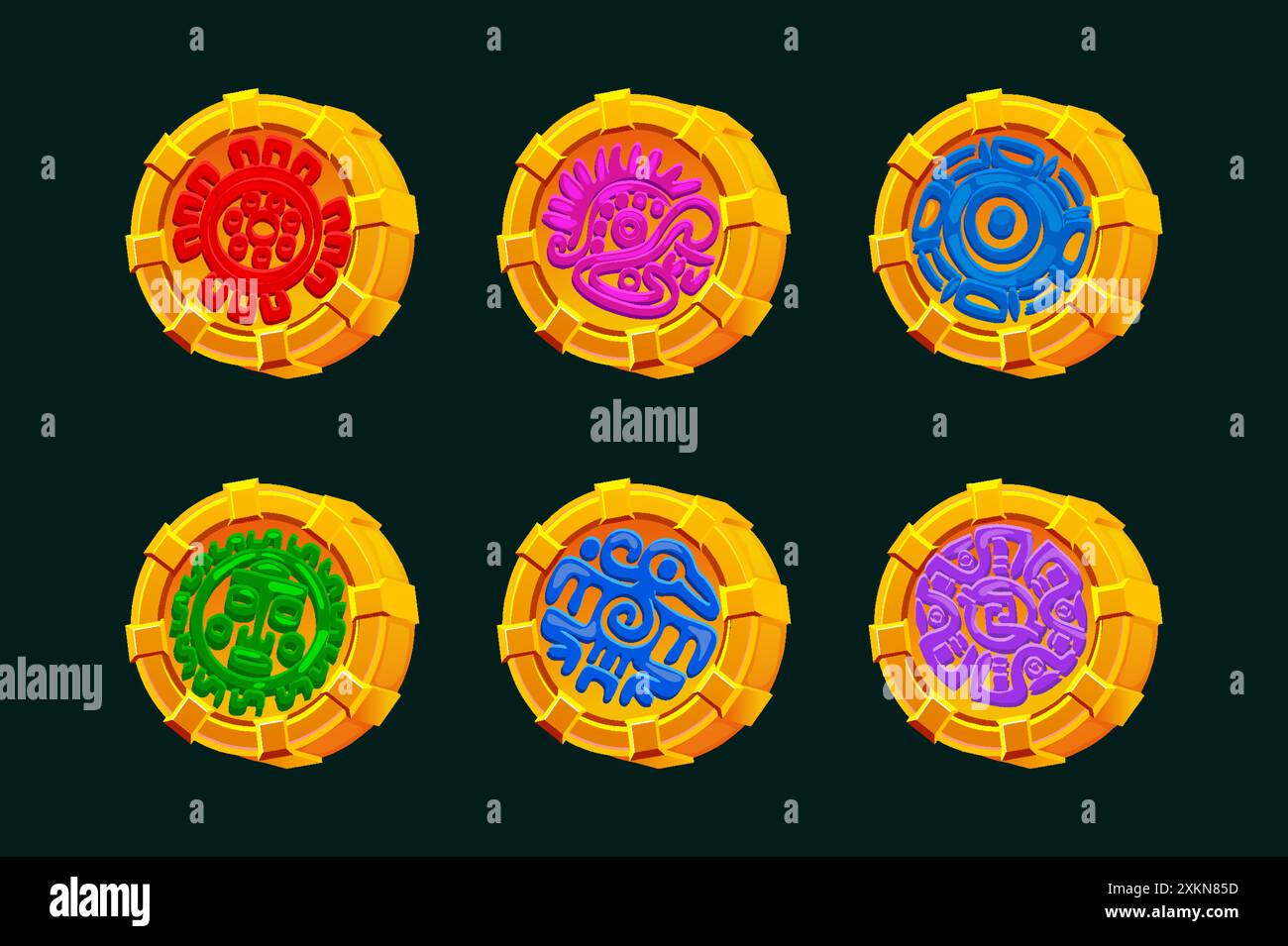 Monete d'oro con simboli Maya o Aztechi colorati. Simboli dorati per i giochi 2D o slot Illustrazione Vettoriale