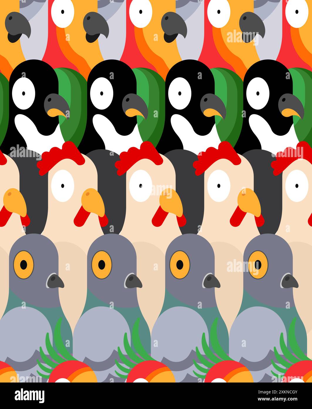 Gli uccelli hanno un motivo senza cuciture. Funny Rooster e sfondo di pinguini. Consistenza di piccione e pappagallo. Ornamento di tessuto per bambini Illustrazione Vettoriale