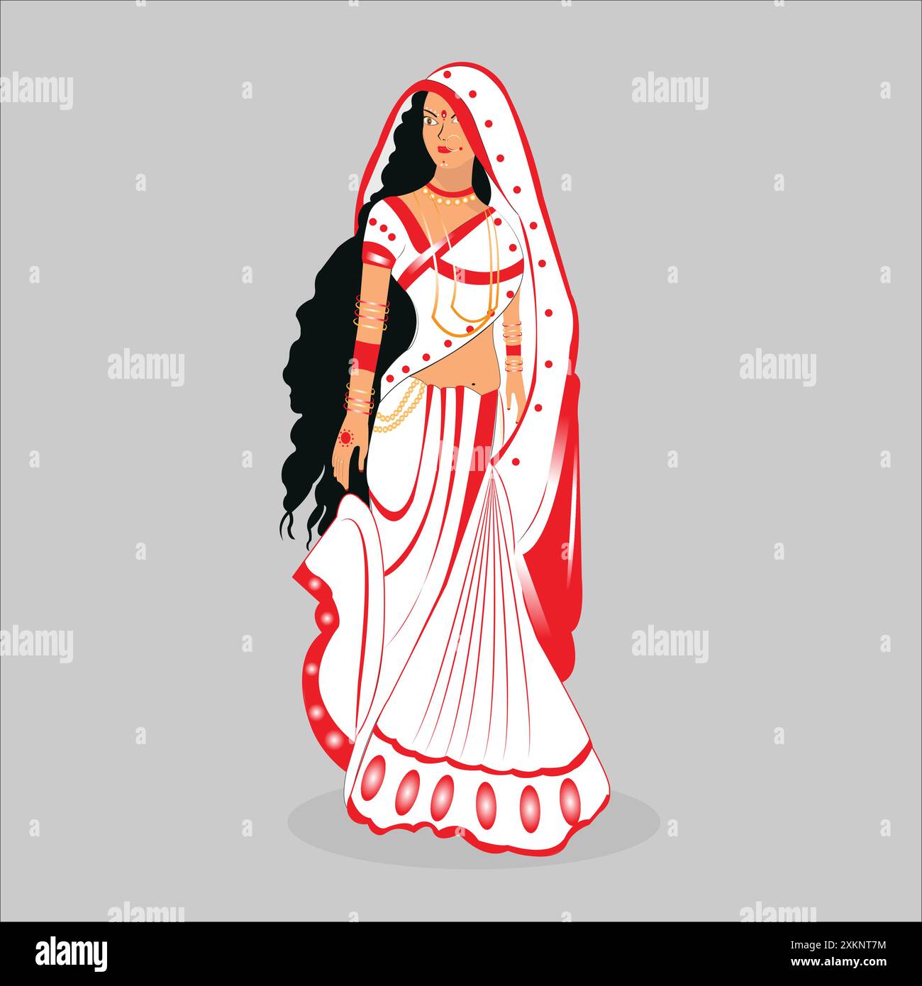 Illustrazione vettoriale di donna bengalese che indossa un sari bianco con bordo rosso. Illustrazione Vettoriale