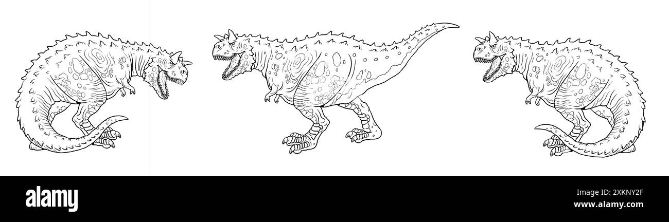 Disegno fatto a mano con il dinosauro predatore Carnotaurus. Modello di dinosauro per colorare. Foto Stock