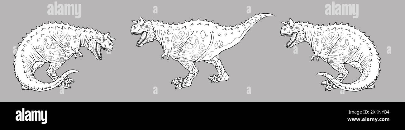 Disegno fatto a mano con il dinosauro predatore Carnotaurus. Modello di dinosauro per colorare. Foto Stock
