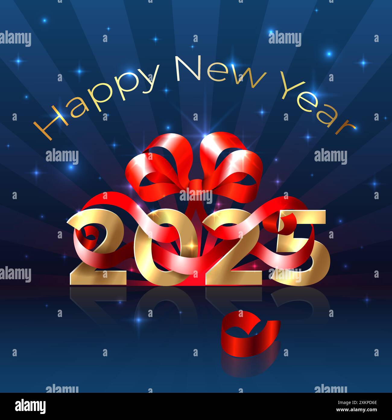 Felice anno nuovo 2025, 25. Dorato lucido 2025 con nastro rosso, arco su sfondo blu. Biglietto d'auguri per le festività. Design per l'anno nuovo per invito, calendario Illustrazione Vettoriale