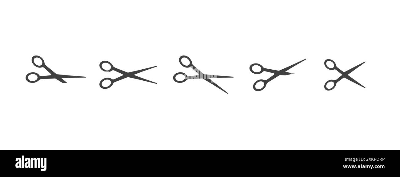 Icona Taglia qui. Taglio a forbice nero. Set di cesoie diverse su sfondo bianco. Semplice illustrazione vettoriale. Buono o sconto per la carta da taglio Illustrazione Vettoriale