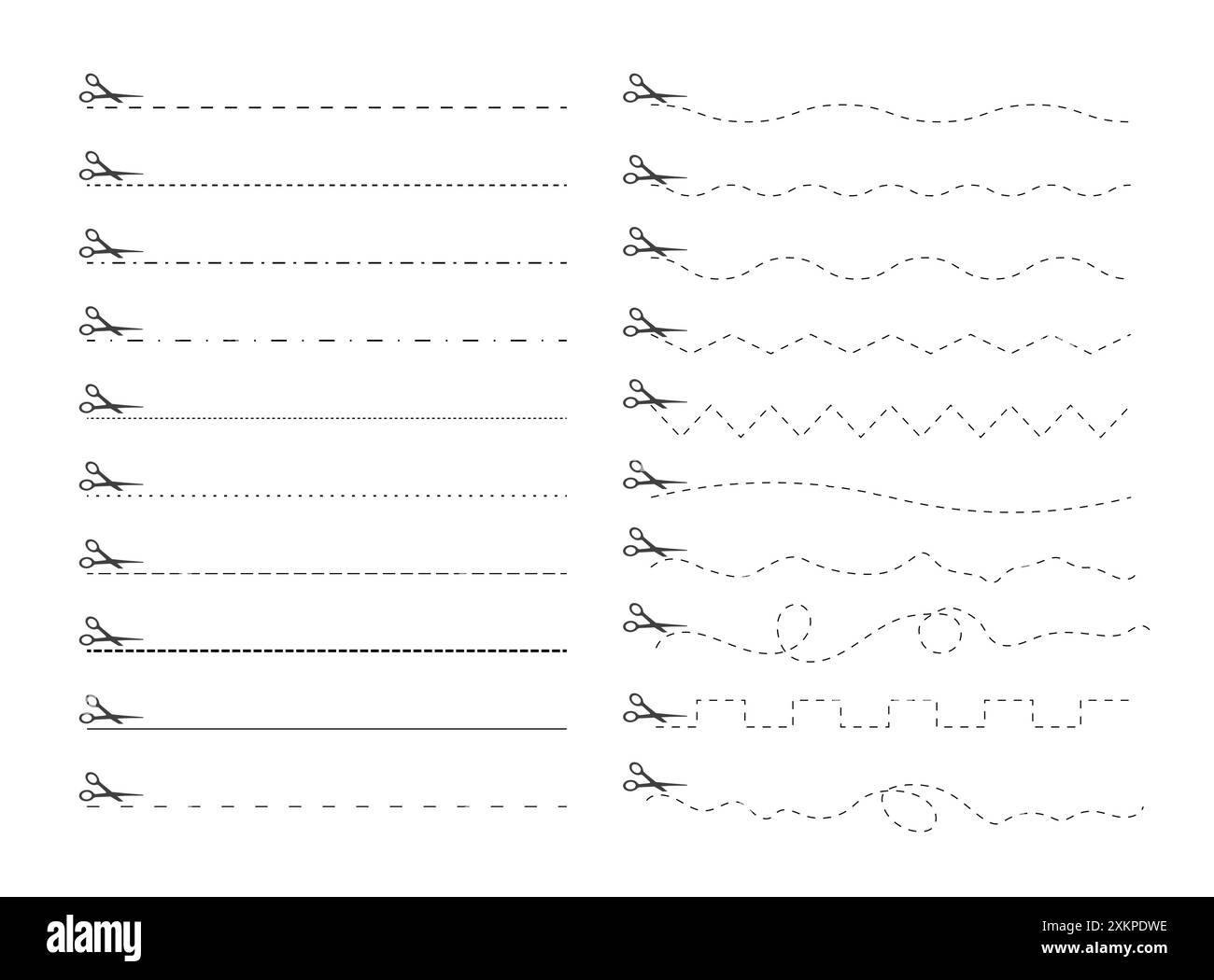 Tagliare qui. Taglio a forbice nero. Set di linee tratteggiate isolate su sfondo bianco. Semplice illustrazione vettoriale. Cesoia tagliente carta coupon o Illustrazione Vettoriale