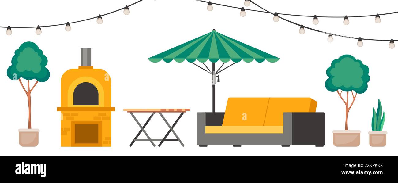 Accogliente cortile con camino a cono vintage e piante nel patio della casa con mobili per picnic e ombrellone con barbecue, albero verde. Estate Illustrazione Vettoriale