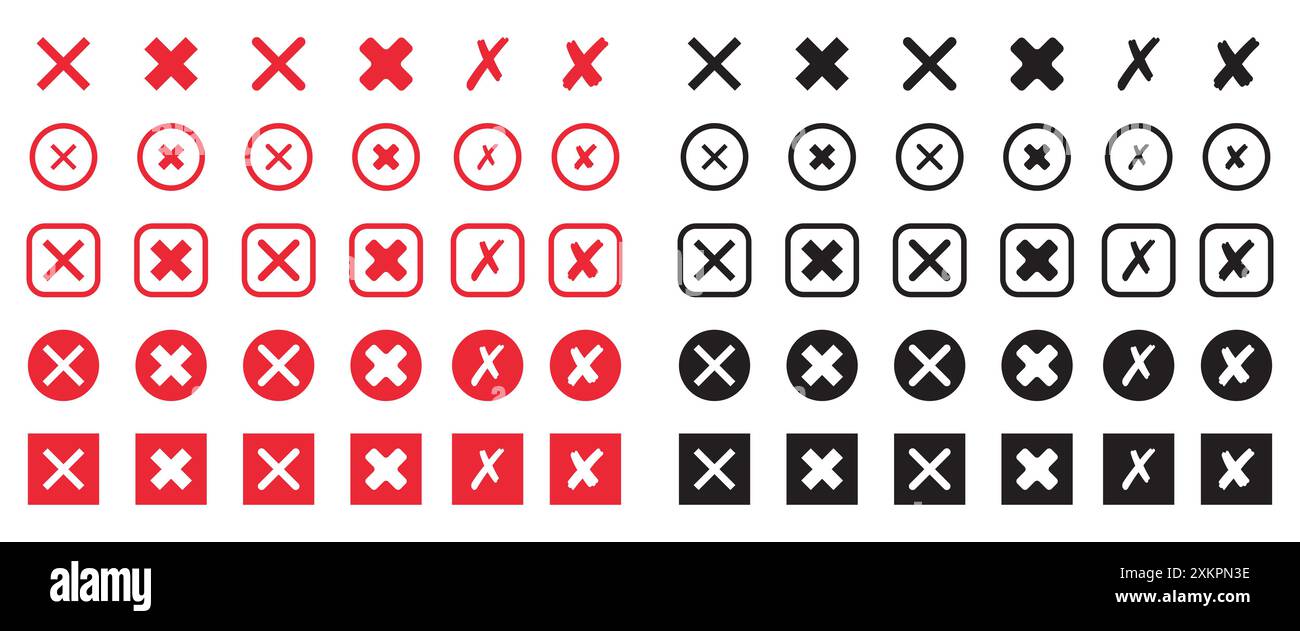 Set di icone a croce rossa e nera. Simbolo della tacca X in stile piatto. Vettore Illustrazione Vettoriale