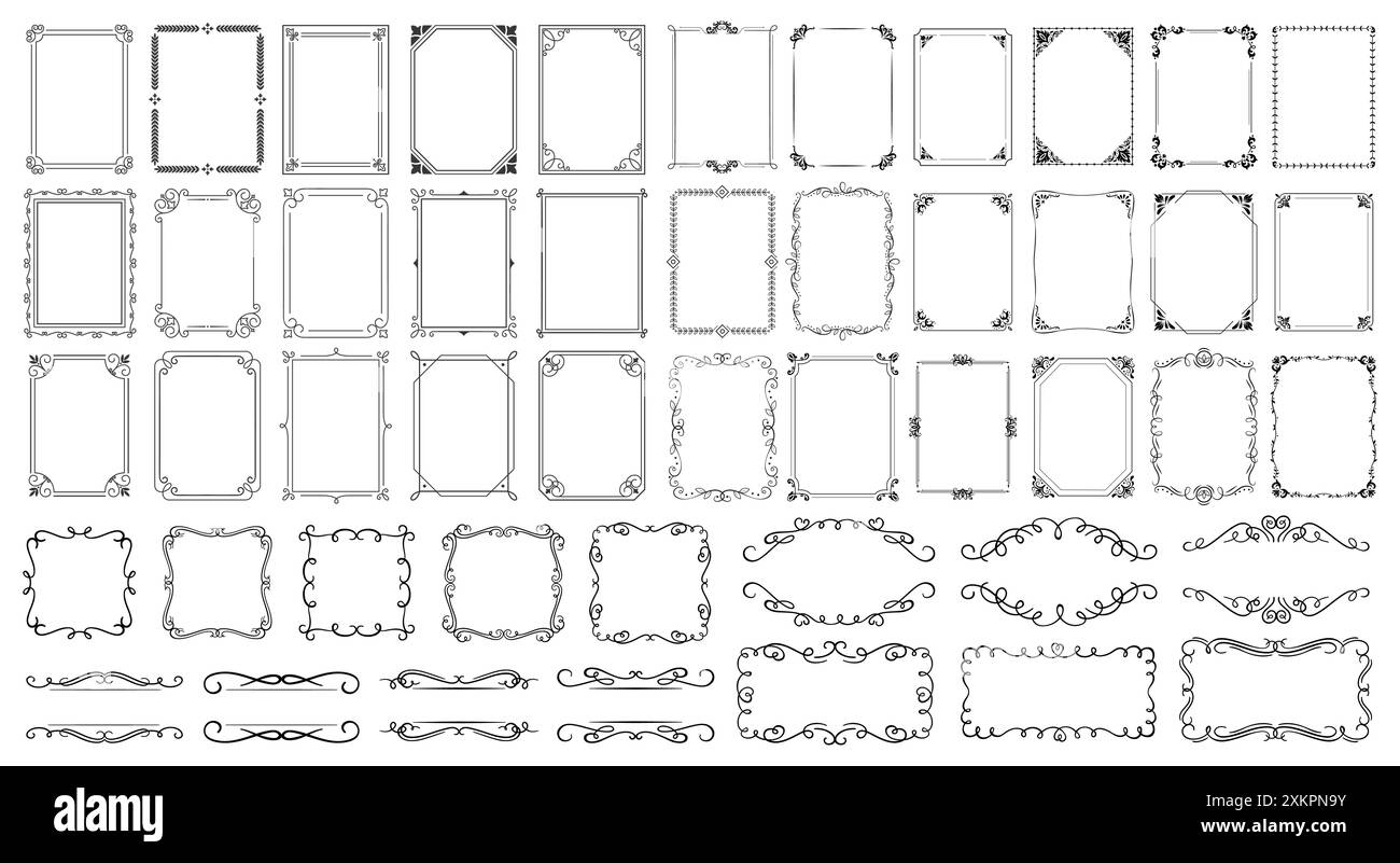 Cornici calligrafiche vintage. Cornice calligrafica decorata, eleganti bordi ornamentali retrò, ornamenti floreali in filigrana per modello certificato incorniciato Illustrazione Vettoriale