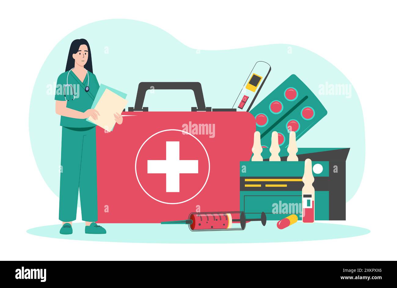 Kit di pronto soccorso. Piccolo medico felice con pillole prodotti medici di emergenza. Assistenza sanitaria e medicina, concetto di vettore di ambulanza Illustrazione Vettoriale