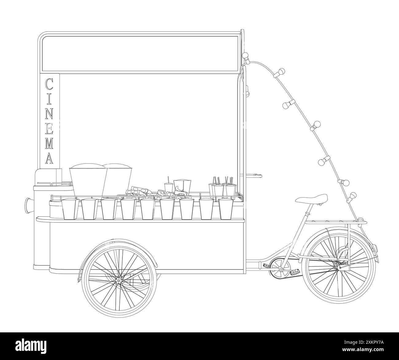 Illustrazione vettoriale della macchina per popcorn. Chiosco vintage nel parco divertimenti. Cibo di strada. Cibo da cinema a triciclo. Vista laterale. Illustrazione Vettoriale