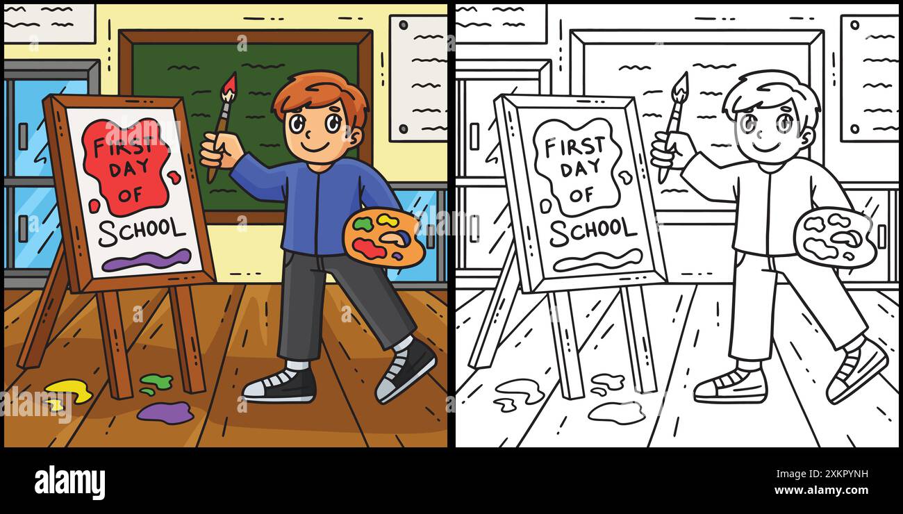 Illustrazione del primo giorno di scuola per bambini Illustrazione Vettoriale