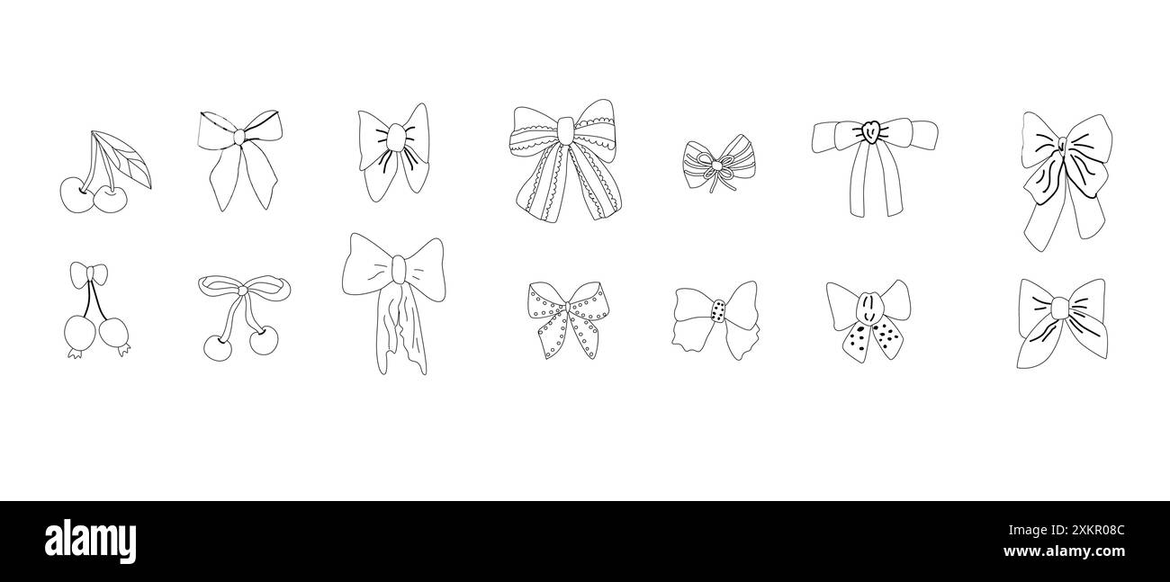 Illustrazione vettoriale di fiocchi e ciliegie vintage femminili. Fiocco per decorare i capelli. Elementi isolati. Accessori estetici Coquette. Illustrazione Vettoriale