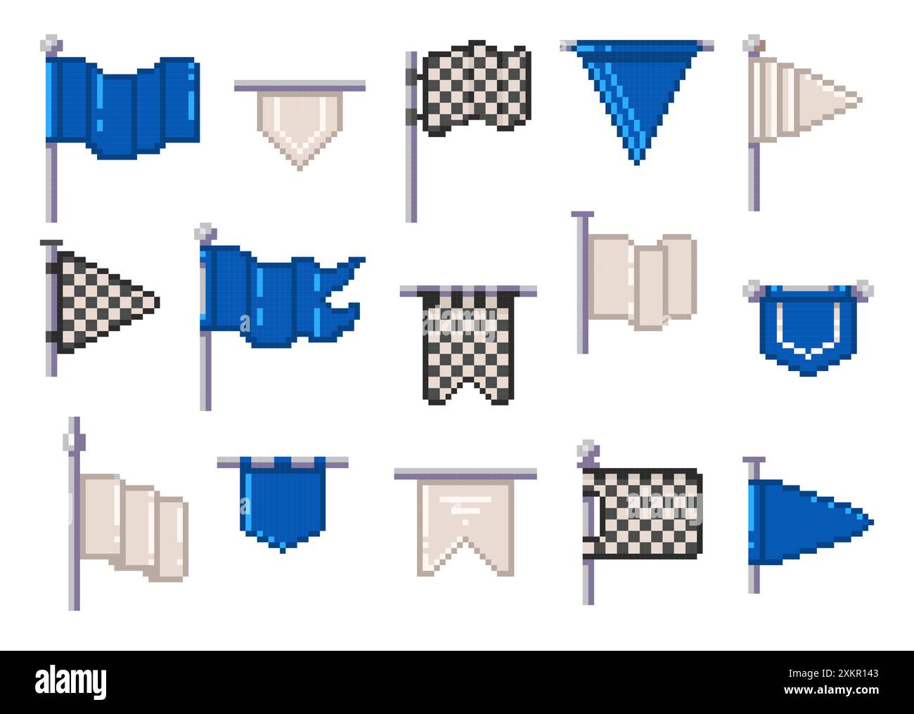 icone pixel flag a 8 bit. Icona delle bandiere pixel retrò, asta e banner ondulati, stile piatto di gioco Old School, flagpole retrò vintage a 8 bit con pennant. Vettore 8 Illustrazione Vettoriale