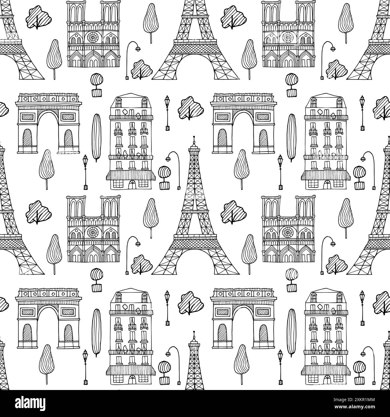 Schema di Parigi. Sfondo perfetto per la città. Graziosa silhouette disegnata a mano con penna a inchiostro nero della Torre Eiffel, Notre-Dame de Paris, Arco di Trionfo Illustrazione Vettoriale