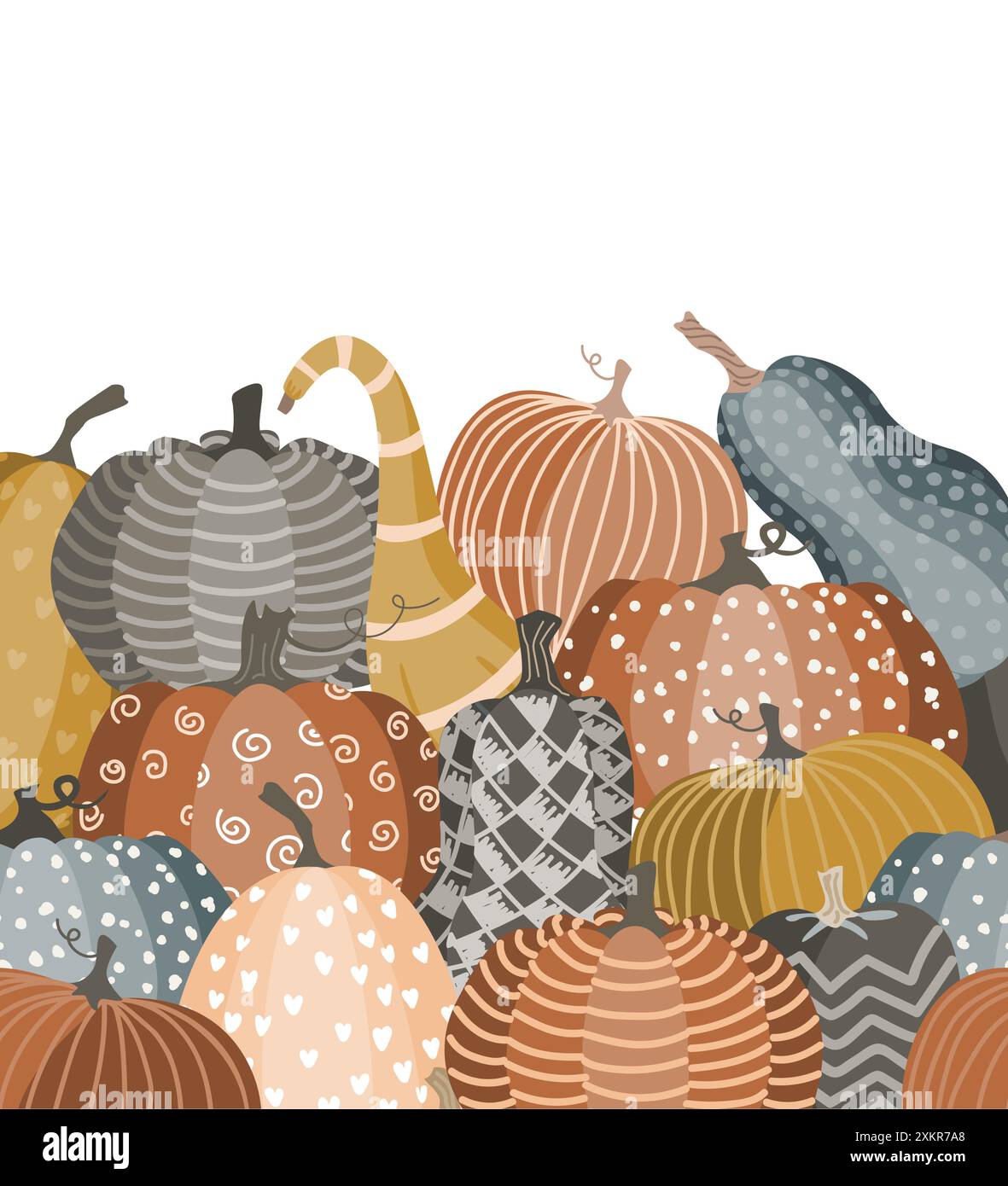 Una pila di carine zucche dipinte a doodle. Sfondo del raccolto per Halloween, Autunno o giorno del Ringraziamento. Illustrazione vettoriale. Illustrazione Vettoriale