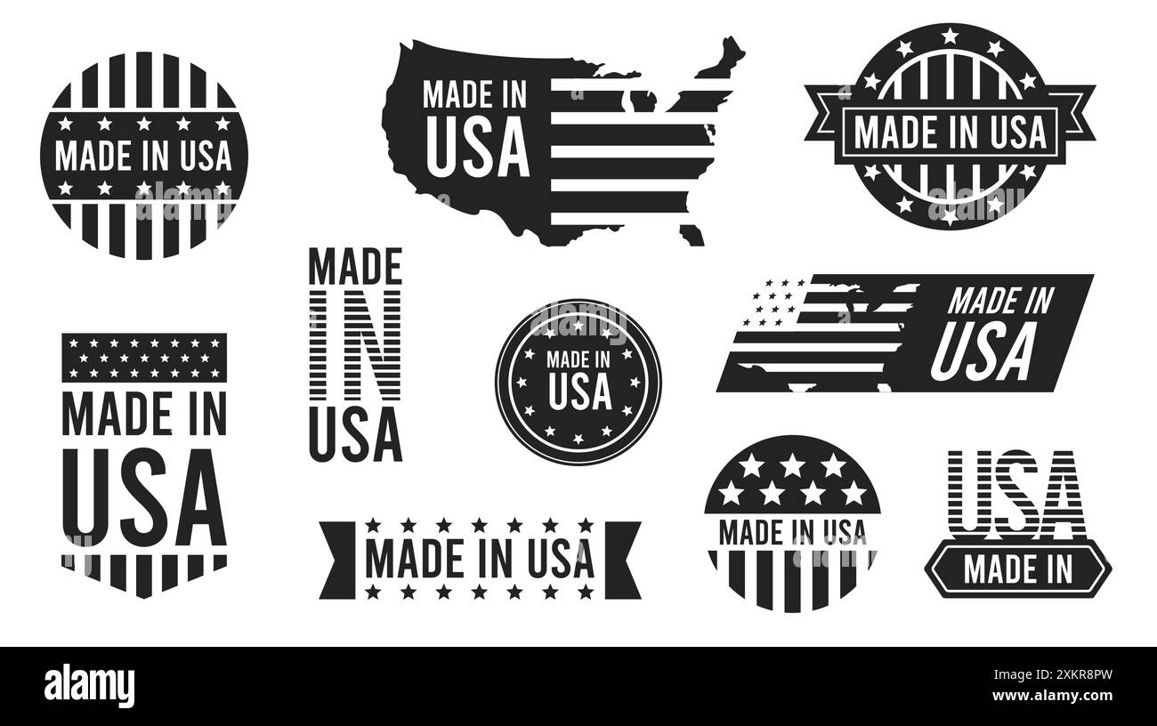 Etichette Made in USA. Design adesivo in bianco e nero Made in USA. Prodotto americano e simboli patriottici. Emblema di qualità degli Stati Uniti con striature a stella Illustrazione Vettoriale