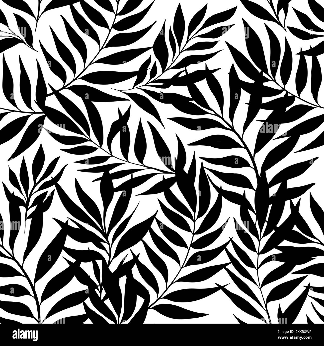 Nero e bianco foglie tropicali silhouette bianche moderno motivo raster senza cuciture alla moda Foto Stock