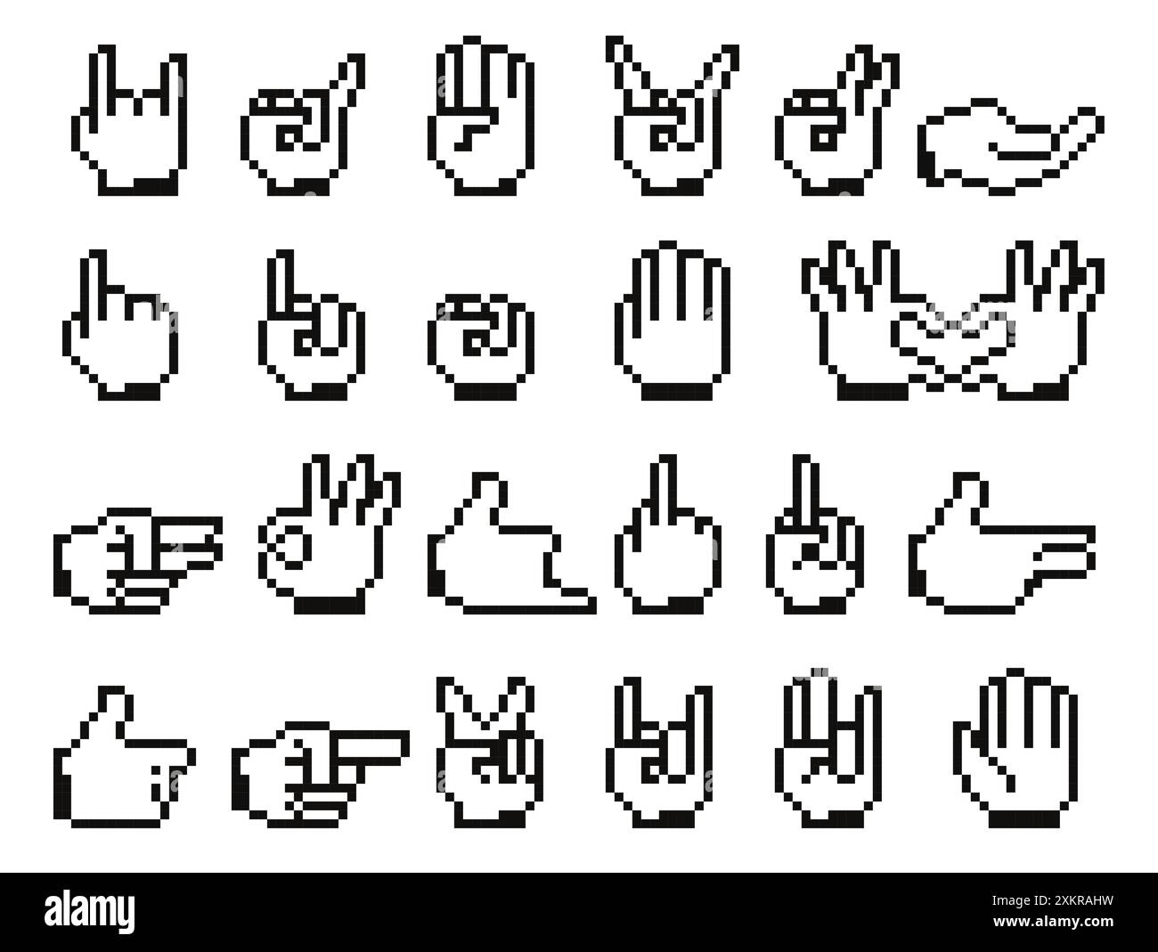 Icone delle mani pixellate. Dita umane simboli del cursore con diversi gesti, segni del cursore del mouse del computer Internet. Set isolato vettoriale. Illustrazione Vettoriale
