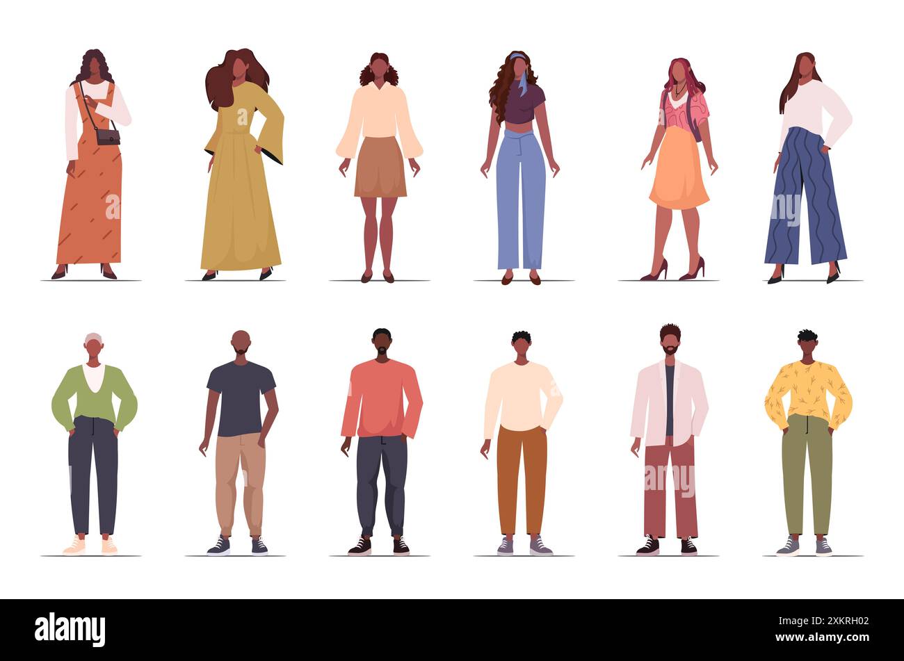 Collezione di giovani neri. Uomini e donne afroamericani in abiti moderni e alla moda. Illustrazioni vettoriali piatte Foto Stock