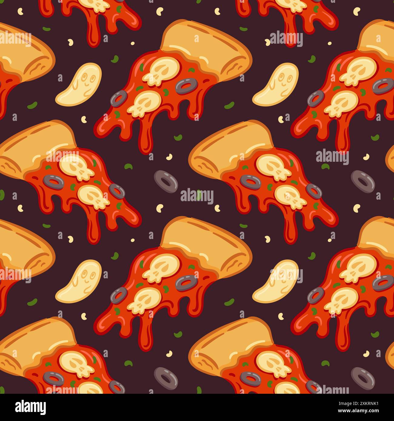Motivo senza cuciture di graziosa fetta di pizza Margherita con decorazione spaventosa di Halloween. Fantasmi di formaggio e teschio di mozzarella. Colorate illustrazioni di cibi fantasiosi Illustrazione Vettoriale