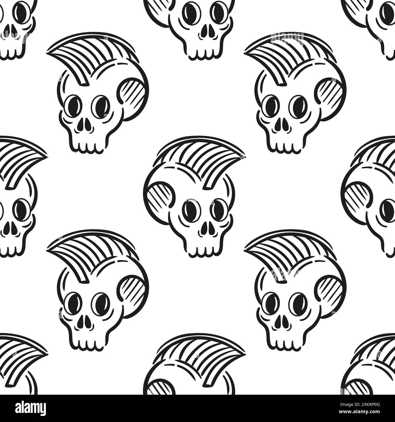 Pattern Skull senza cuciture con mohawk, punk. Illustrazione della roccia dura del Vector Cool. Sottocultura informale, mostro. disegno di schizzo. Heavy metal, musica. Per Illustrazione Vettoriale