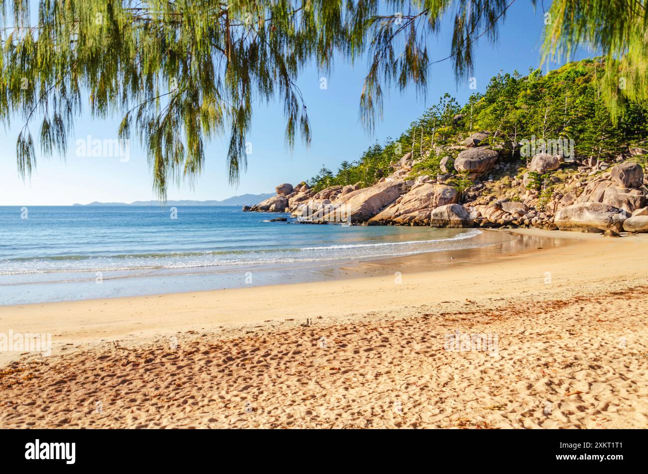 Pittoresca spiaggia di sabbia dorata di Alma Beach con massi di granito e acqua turchese a Magnetic Island, Queensland, Australia. Foto Stock