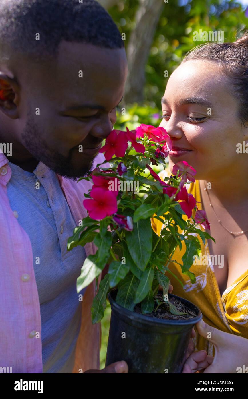Odoranti di fiori, coppia che si diverte insieme in giardino con piante in vaso Foto Stock