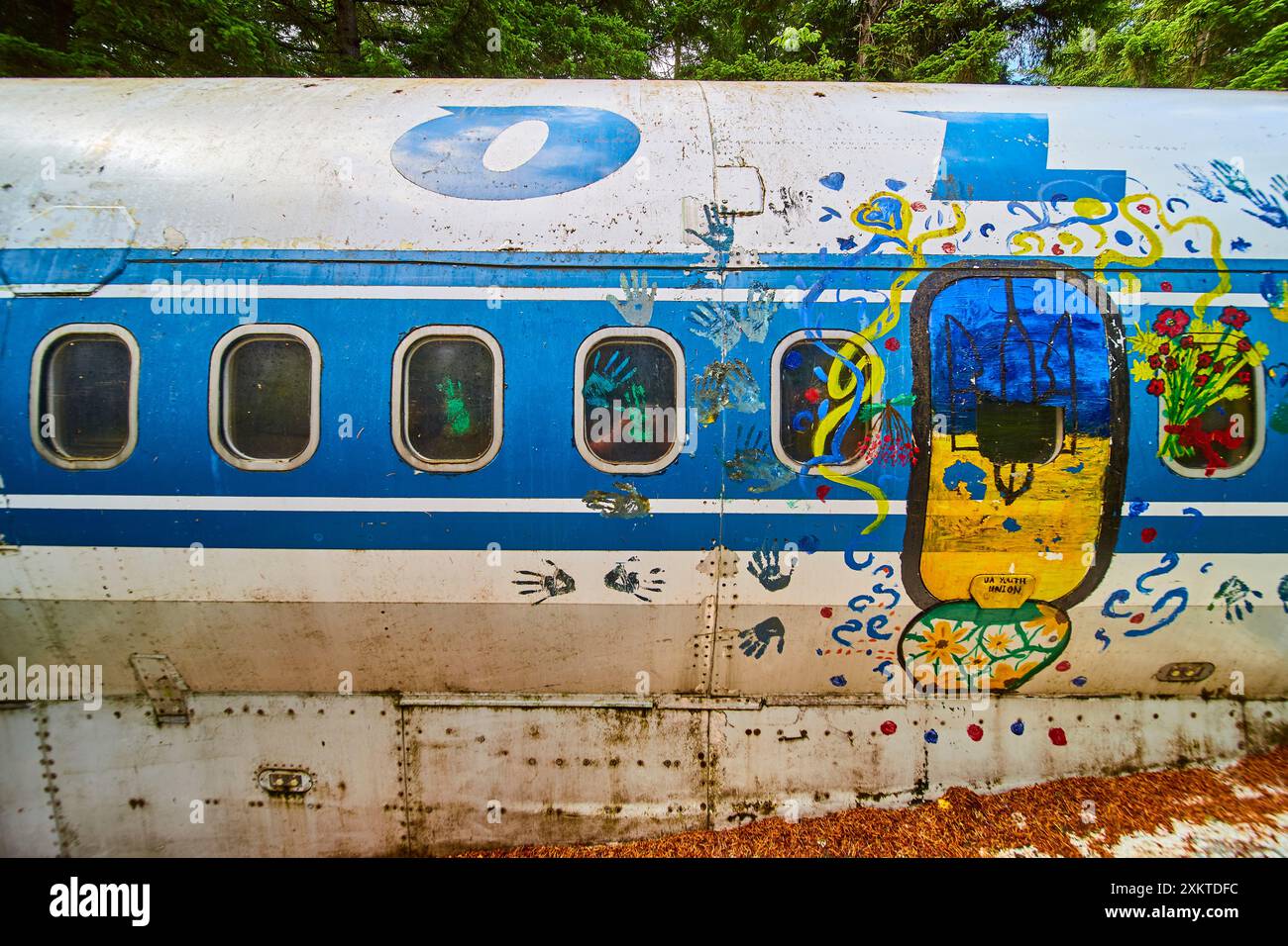 L'arte della fusoliera dell'aereo abbandonato nella prospettiva Forest Eye-Level Foto Stock