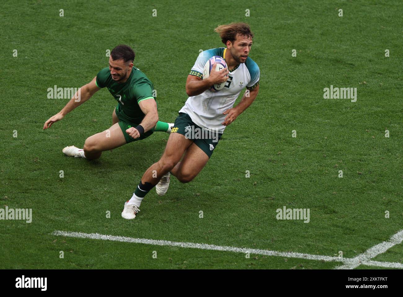 Julien Mattia/le Pictorium - Rugby 7s - Parigi 2024 - Irlanda, Sudafrica. 24 luglio 2024. Francia/Senna Saint Denis/Parigi - Men's Pool A/Rugby Seven: Irlanda vs Sud Africa alle Olimpiadi estive di Parigi 2024, Stade de France, Saint Denis, Francia, 24 luglio, 2024. credito: LE PICTORIUM/Alamy Live News Foto Stock