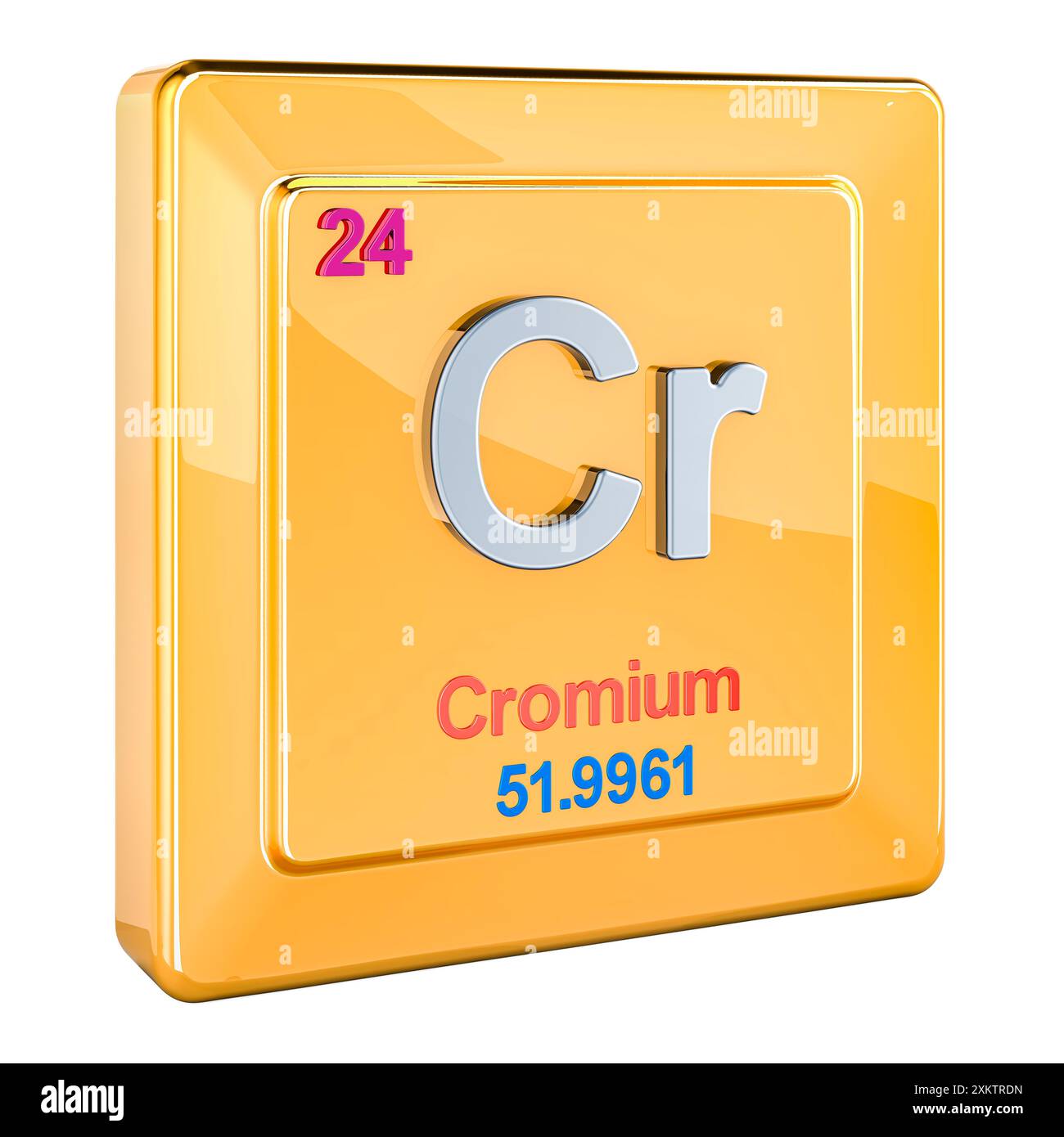 Cromo CR, segno dell'elemento chimico con il numero 24 nella tavola periodica. Rendering 3D isolato su sfondo bianco Foto Stock