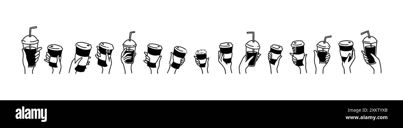 Mani con set di spaghetti per caffè. Illustrazione disegnata a mano. Bicchieri di carta monouso. Quest'ultimo: Tè, caffè, moka, matcha, icona espresso, Frappuccino Illustrazione Vettoriale