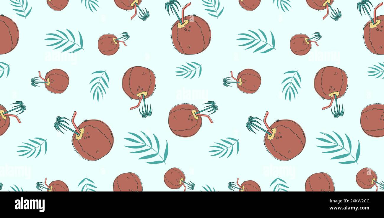 Motivo senza cuciture con elementi tropicali estivi su sfondo blu per tessuto, etichette da disegno, stampa su t-shirt, carta da parati della stanza dei bambini, vacanza Illustrazione Vettoriale