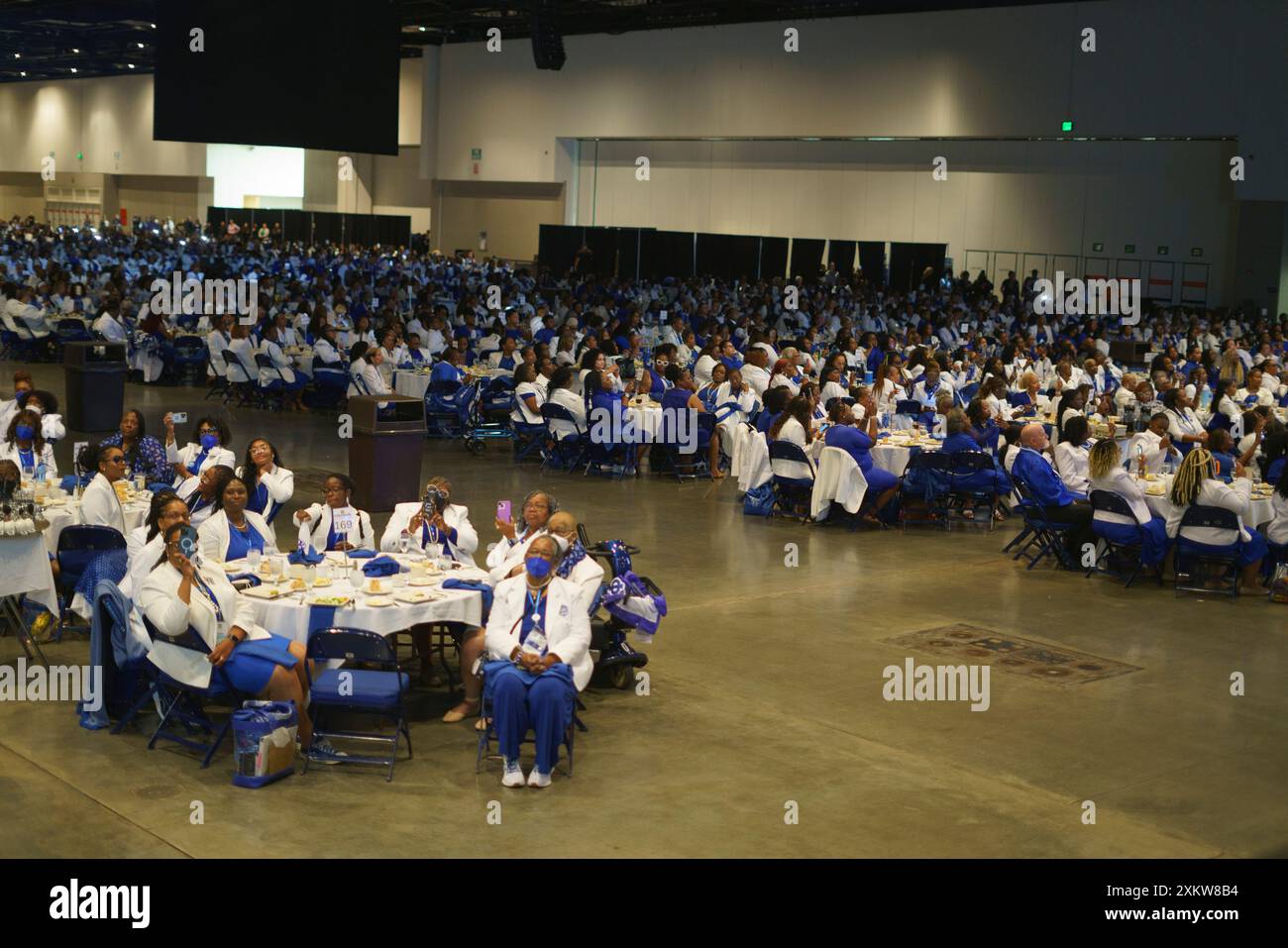 Indianapolis, Stati Uniti. 24 luglio 2024. INDIANAPOLIS, INDIANA - 24 LUGLIO: I membri della Sorority ascoltano il vicepresidente degli Stati Uniti e candidata presidenziale democratica Kamala Harris tiene il discorso di apertura al Grand Boulé di Zeta Phi Beta Sorority, Inc., il 24 luglio 2024, a Indianapolis, indiana. il presidente degli Stati Uniti Joe Biden ha annunciato domenica che sta abbandonando la corsa presidenziale del 2024 e ha appoggiato Harris. Crediti: Jeremy Hogan/Alamy Live News Foto Stock