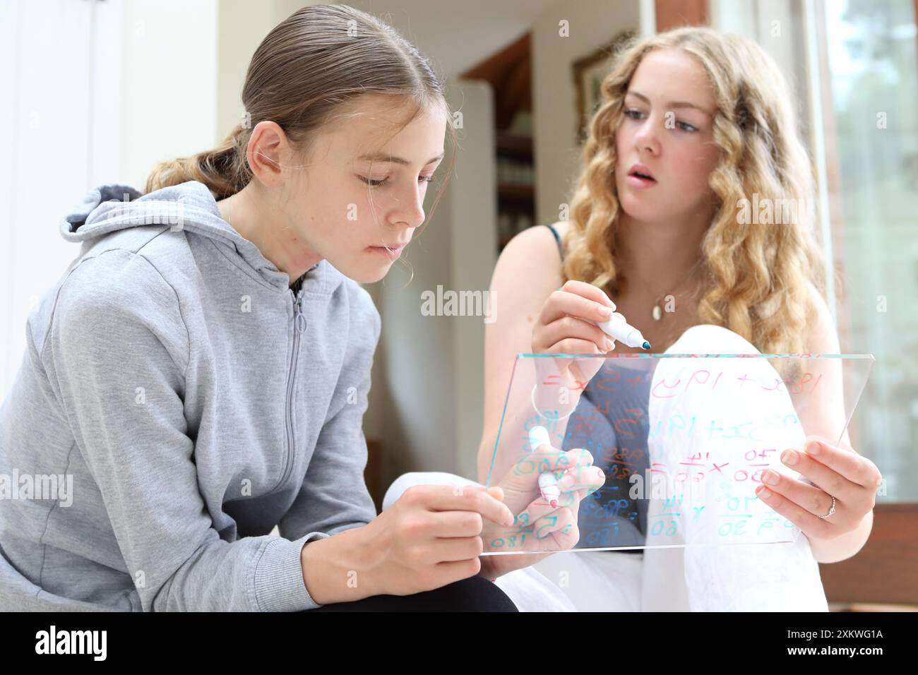 Ragazze che fanno matematica matematica sedute a terra scrivono su lavagna bianca con penne frazioni di algebra sorelle matematiche educazione matematica ragazze in STEM Foto Stock