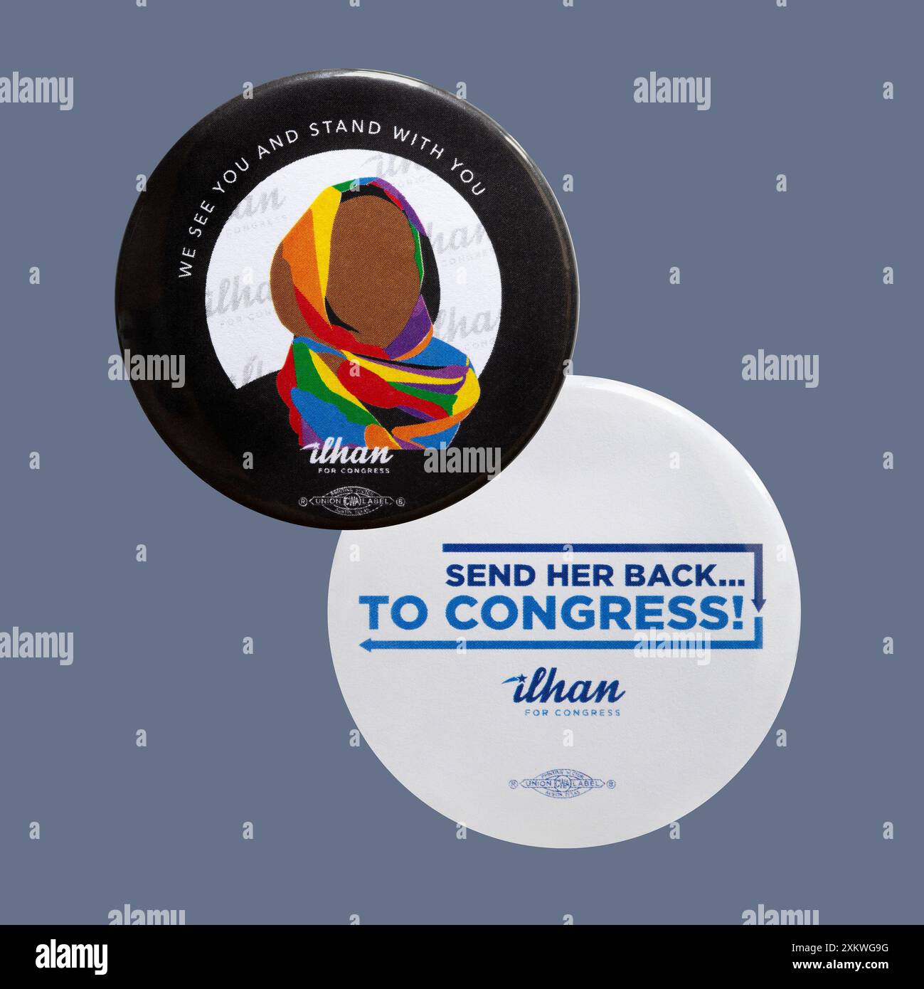 Pulsanti PIN-back per l'elezione del rappresentante americano in carica Ilhan Omar del 5° distretto congressuale a Minneapolis, Minnesota. Foto Stock