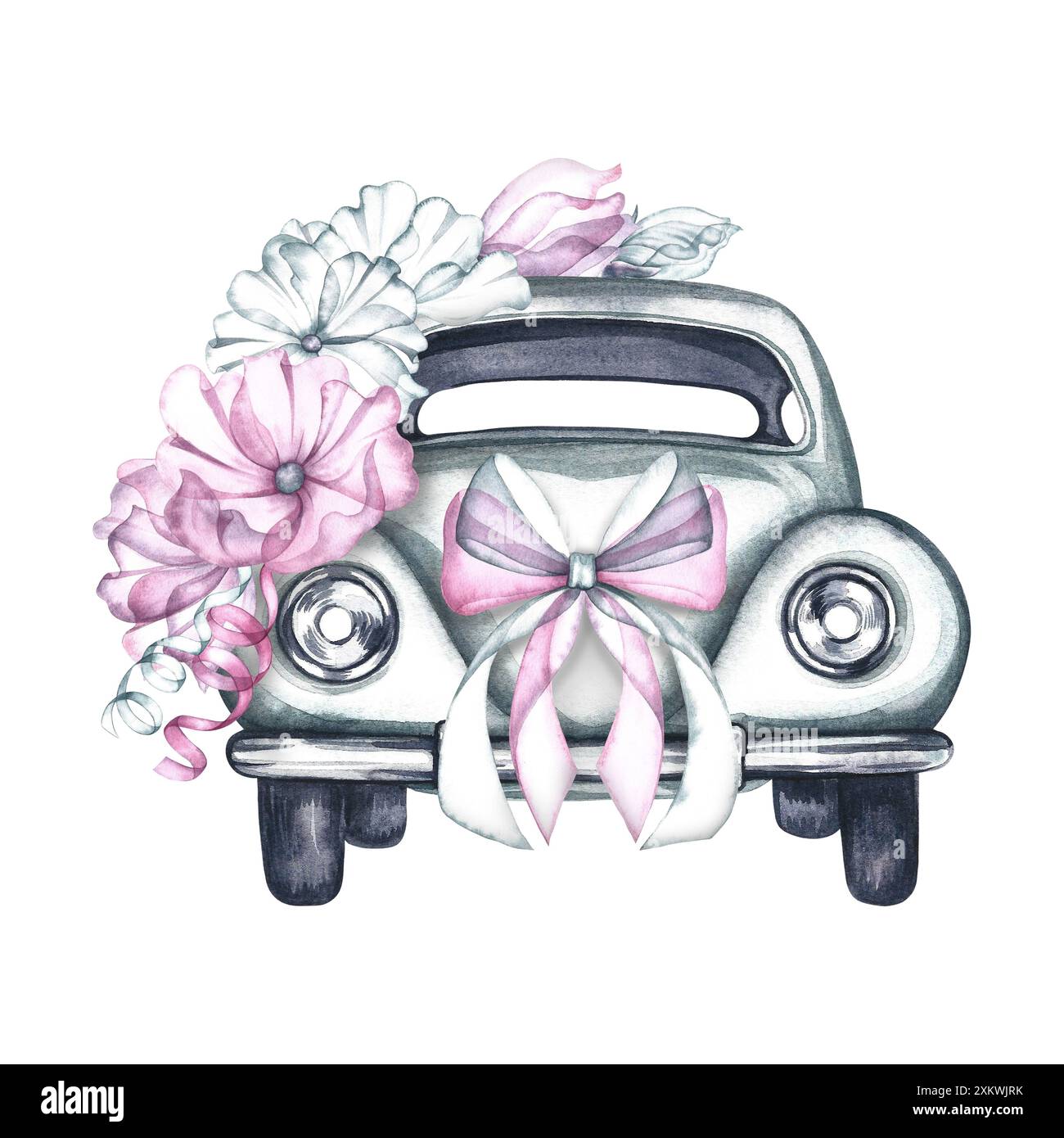 Un'auto retrò decorata con fiori e un arco. Auto d'epoca bianca festiva per matrimoni, compleanni e anniversari. Illustrazione ad acquerello realizzata a mano. Foto Stock Un'auto retrò decorata con fiori e un arco. Auto d'epoca bianca festiva per matrimoni, compleanni e anniversari. Illustrazione ad acquerello realizzata a mano. Foto Stock